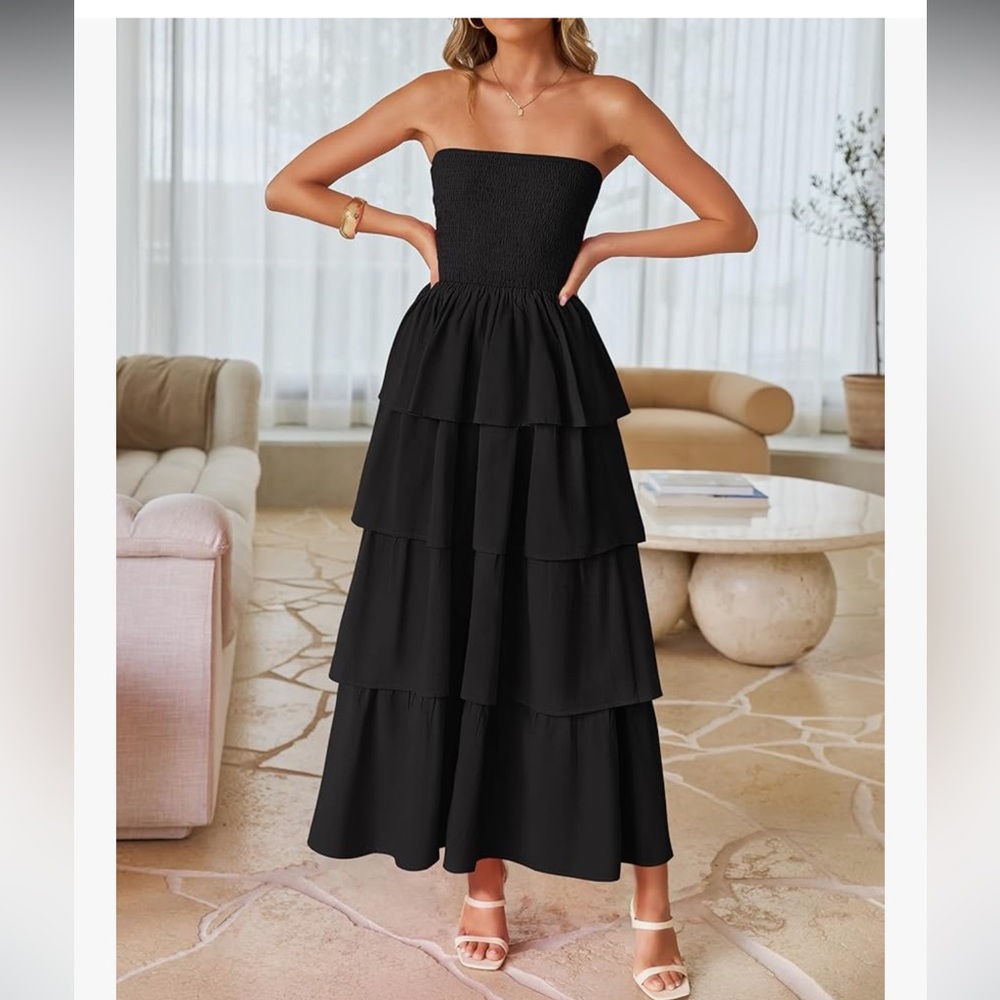 Elegant Black Strapless Tiered Dress